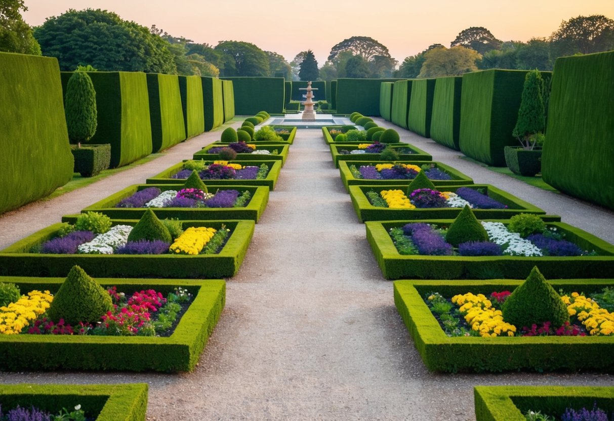A lush, symmetrical garden with manicured hedges, colorful flower beds, winding pathways, and a central focal point like a fountain or statue