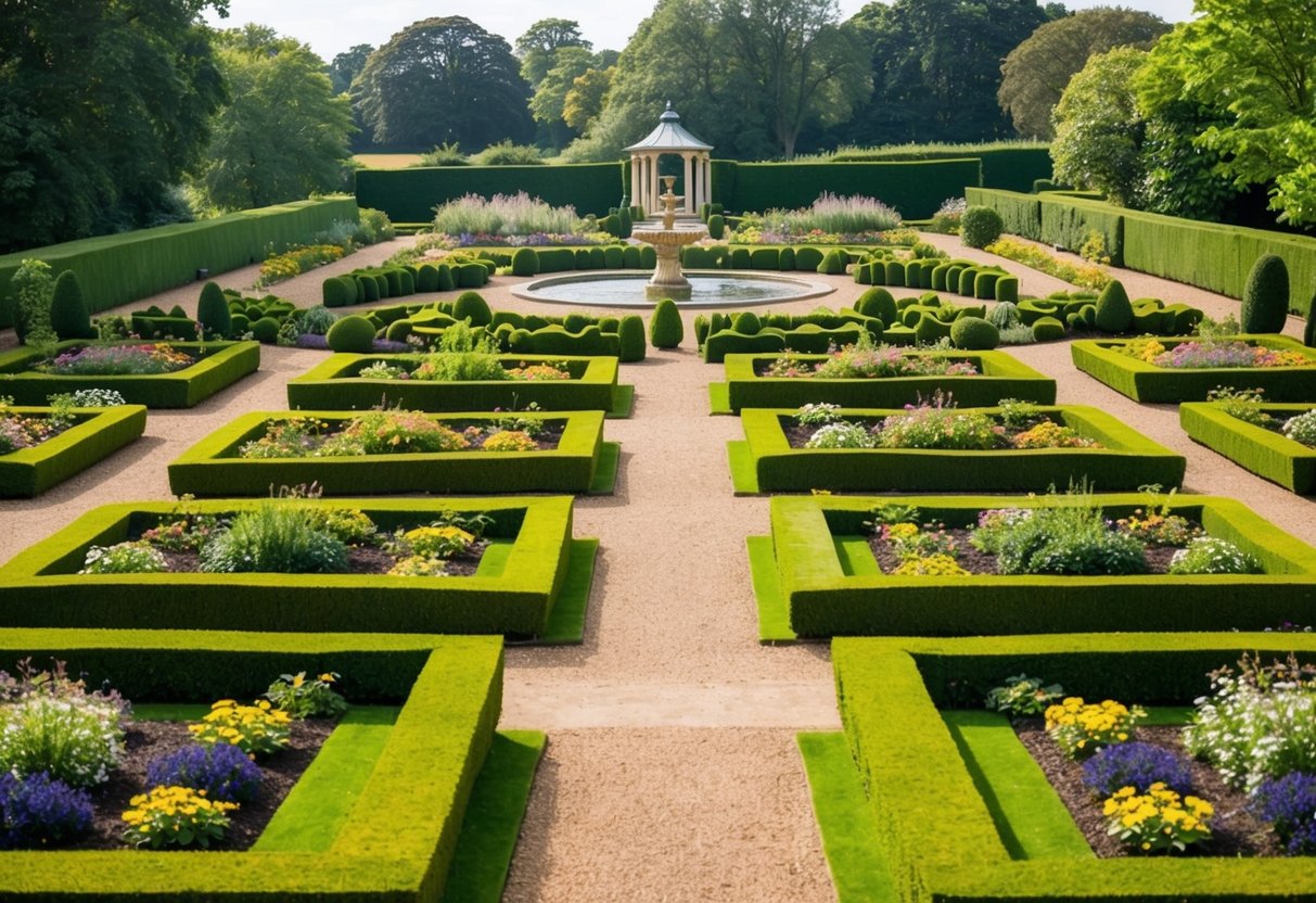 A sprawling English garden with neatly trimmed hedges, colorful flower beds, winding pathways, and a central focal point such as a fountain or gazebo