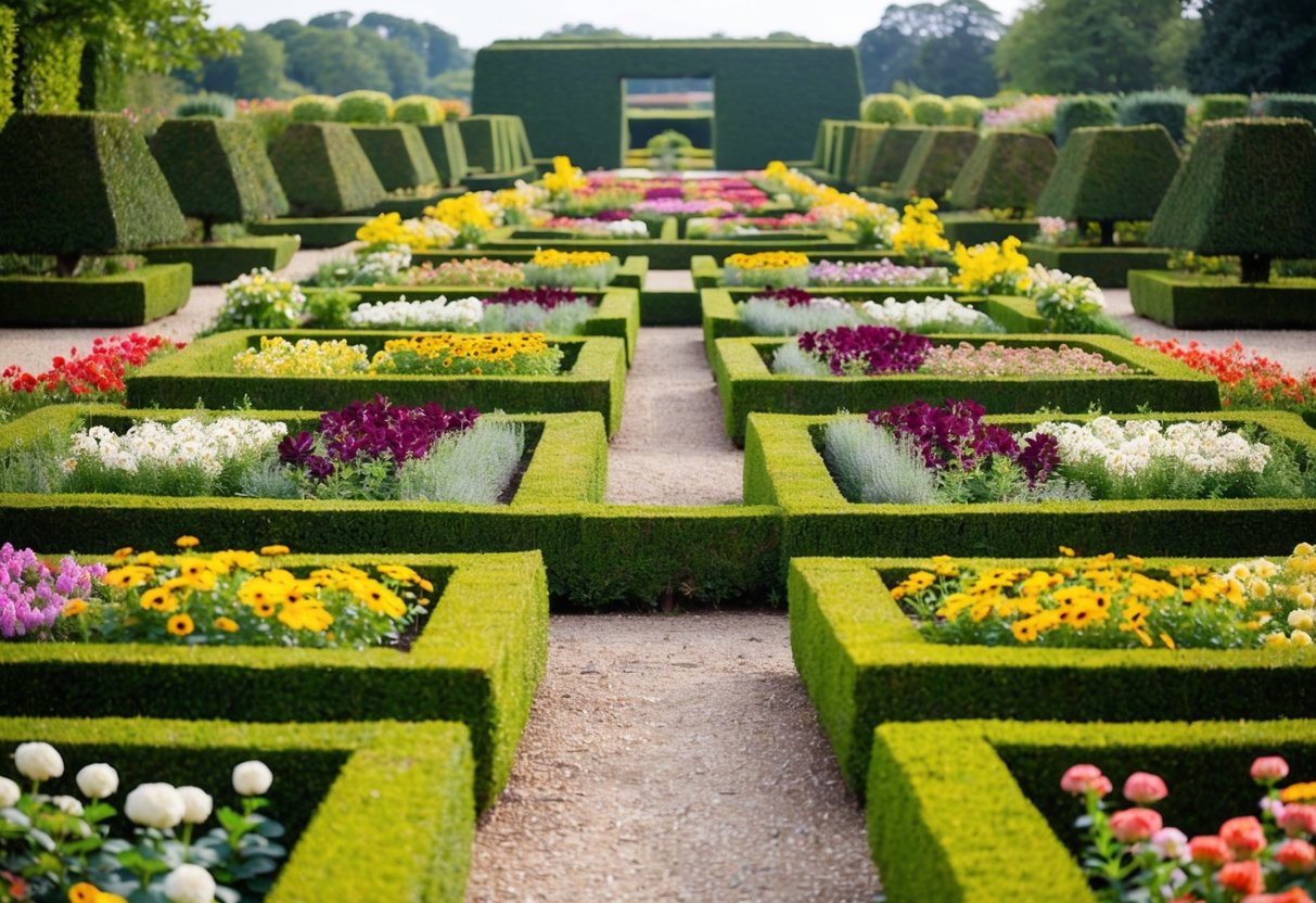 A variety of lush, colorful flowers and neatly trimmed hedges arranged in a formal, symmetrical pattern within a spacious garden