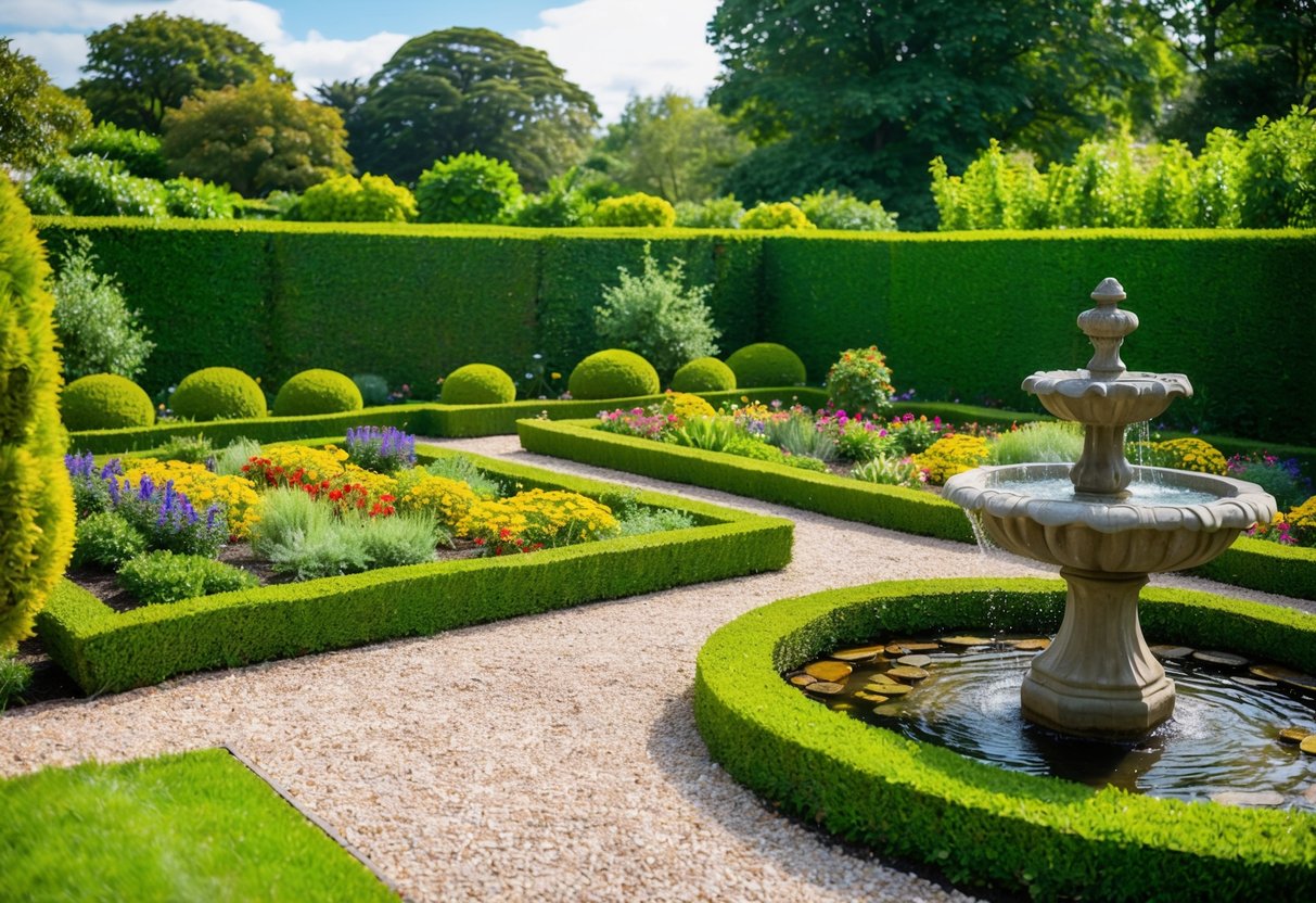 A lush garden with manicured hedges, colorful flower beds, a winding gravel path, and a charming stone fountain