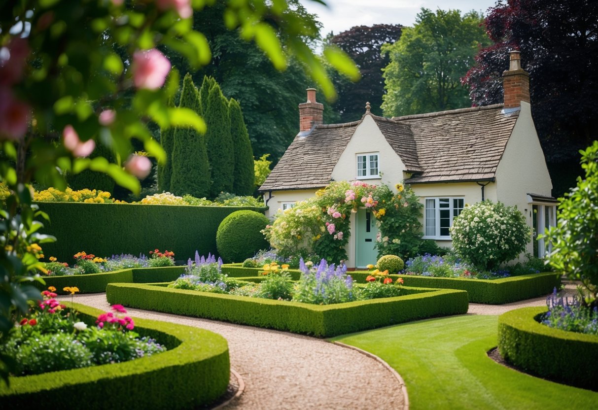 A quaint cottage nestled among vibrant flowers, neatly trimmed hedges, and winding pathways in a classic English garden design