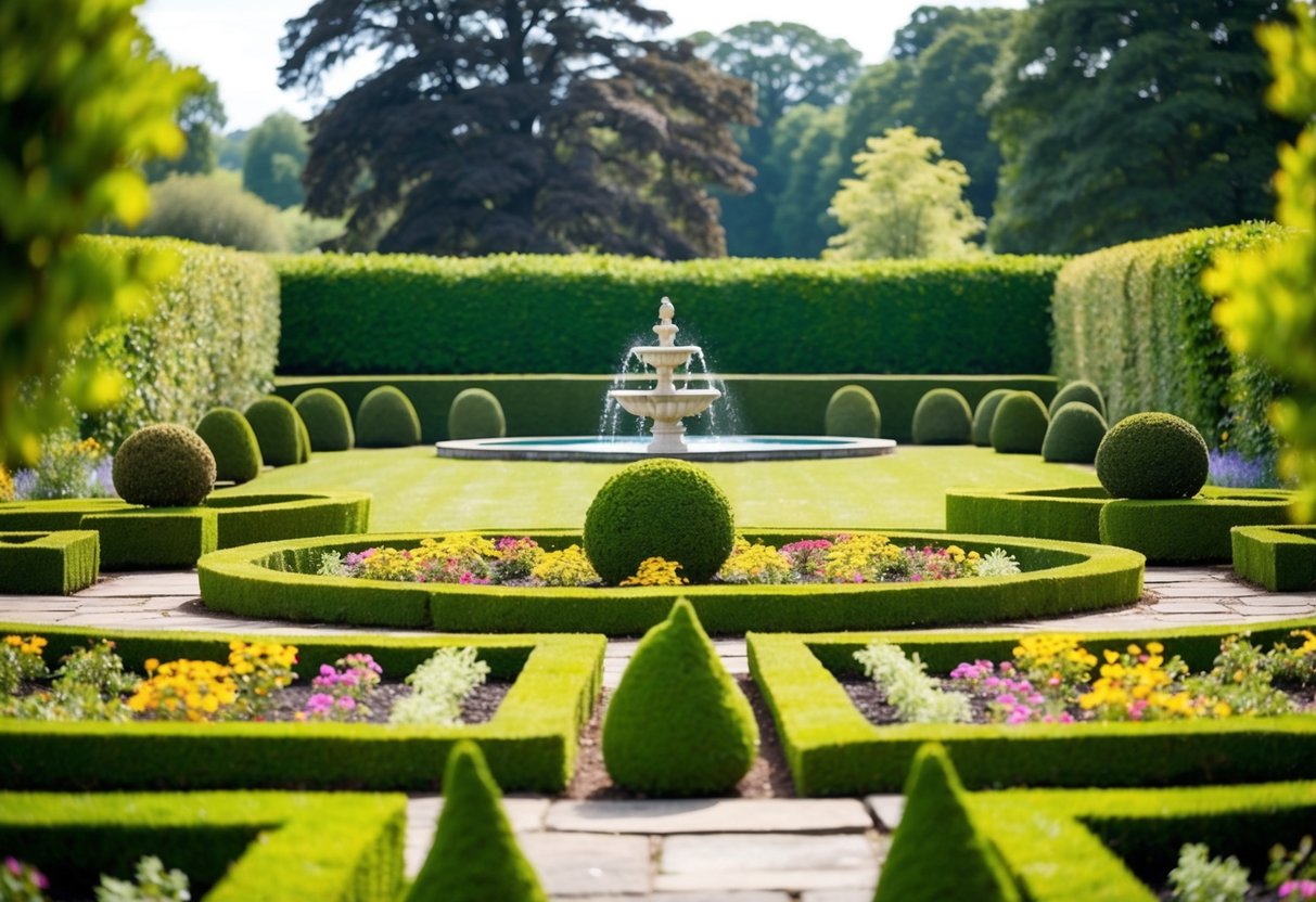A lush English garden with neatly trimmed hedges, colorful flower beds, and a winding stone pathway. A small fountain gurgles in the center, surrounded by carefully placed topiaries