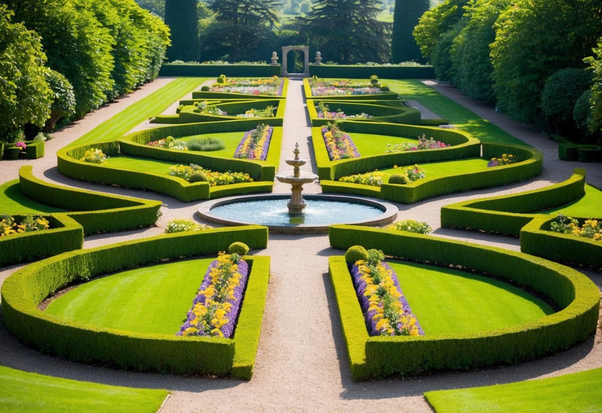 A lush, symmetrical garden with neatly trimmed hedges, colorful flower beds, and a central fountain surrounded by winding paths
