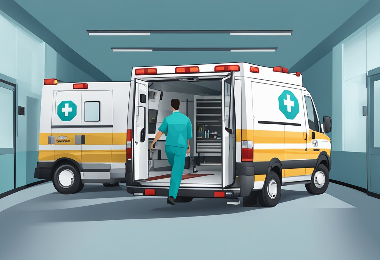 O logo de uma empresa de remoção hospitalar em uma ambulância elegante, com equipamentos médicos visíveis através das portas abertas