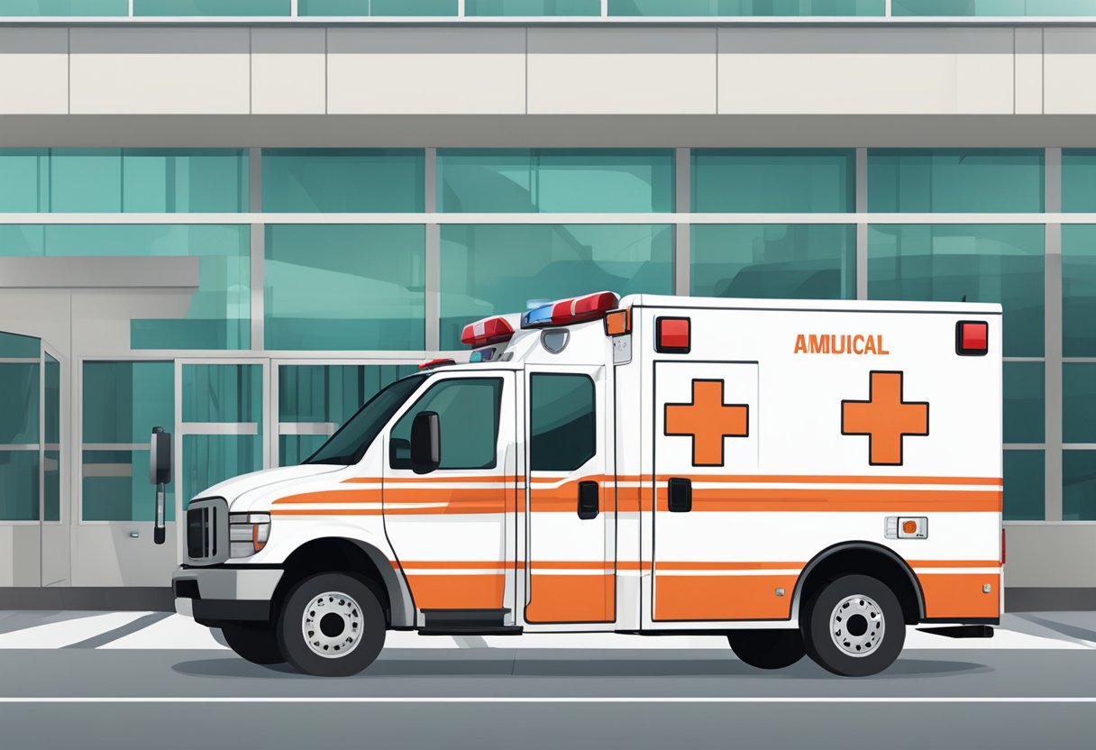 Uma ambulância estacionada do lado de fora de um hospital, com equipamentos e tecnologia médica visíveis através das janelas.