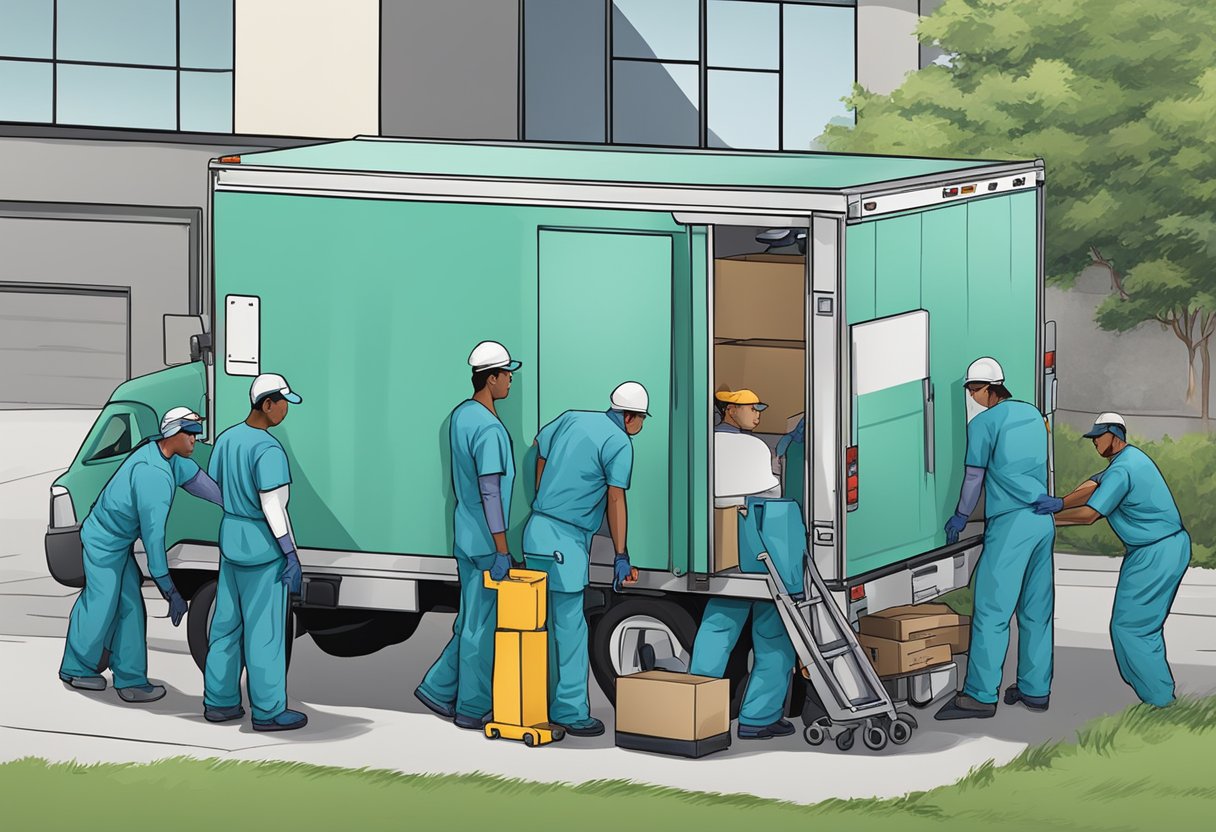 Uma equipe de trabalhadores profissionais de remoção de hospitais carregando equipamentos em um caminhão