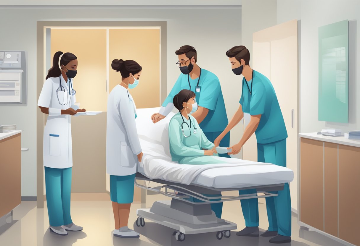 Um trabalhador hospitalar guiando gentilmente a família de um paciente pelo processo de remoção do hospital, oferecendo apoio e compreensão.