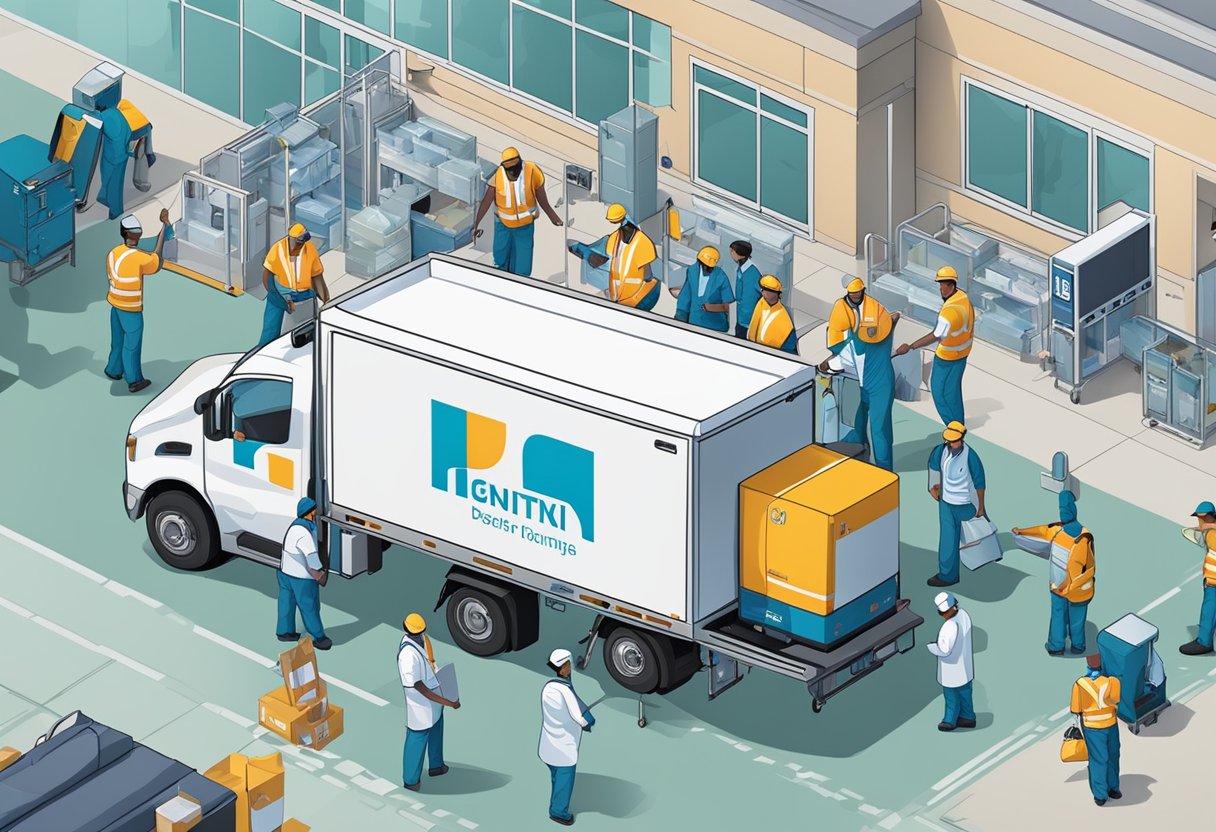 Um grupo de trabalhadores uniformizados carregando equipamentos médicos em um caminhão em um hospital, enquanto banners de eventos e sinalizações estão sendo montados nas proximidades.