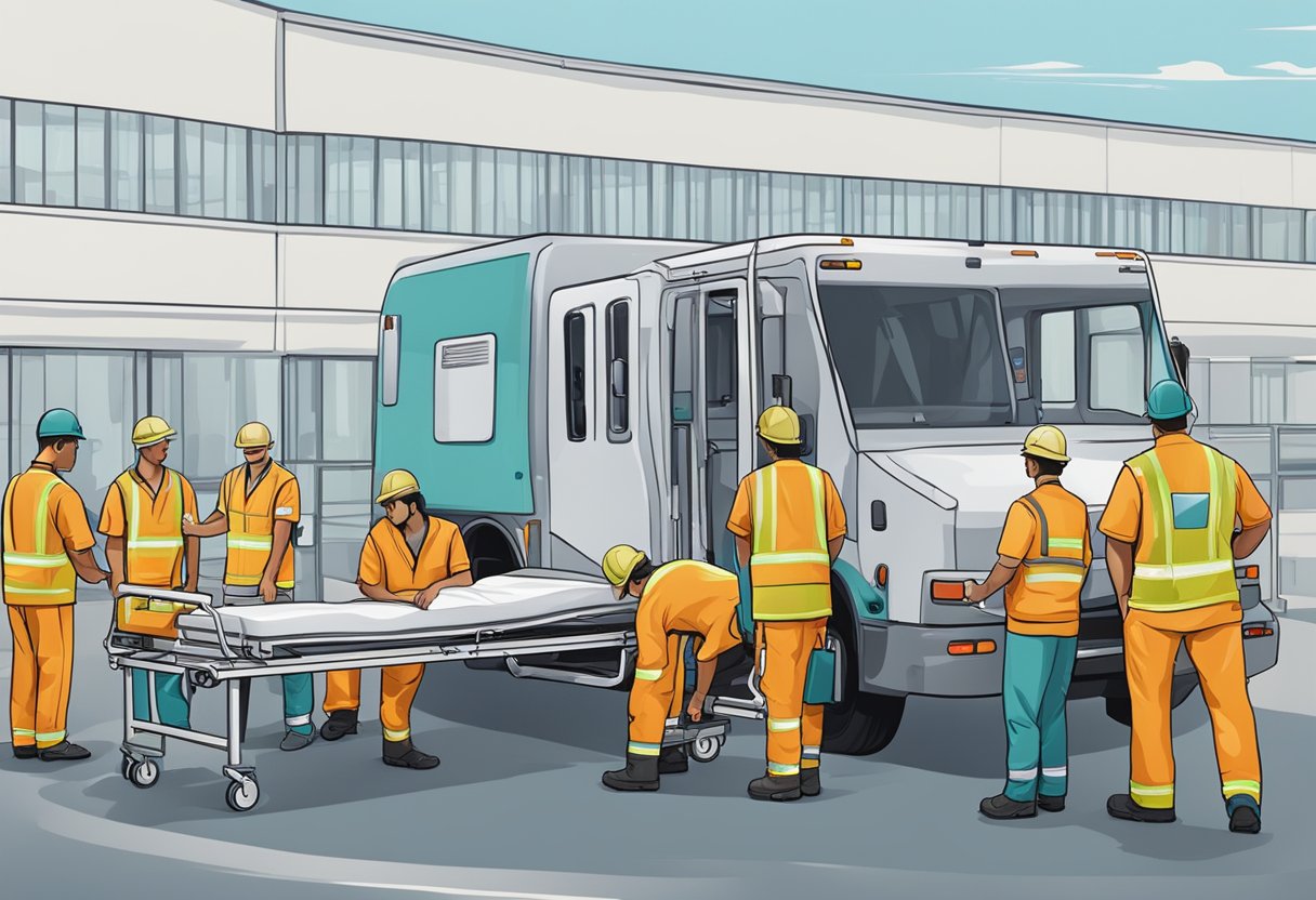 Uma cama de hospital sendo carregada em um veículo de remoção especializado por trabalhadores uniformizados