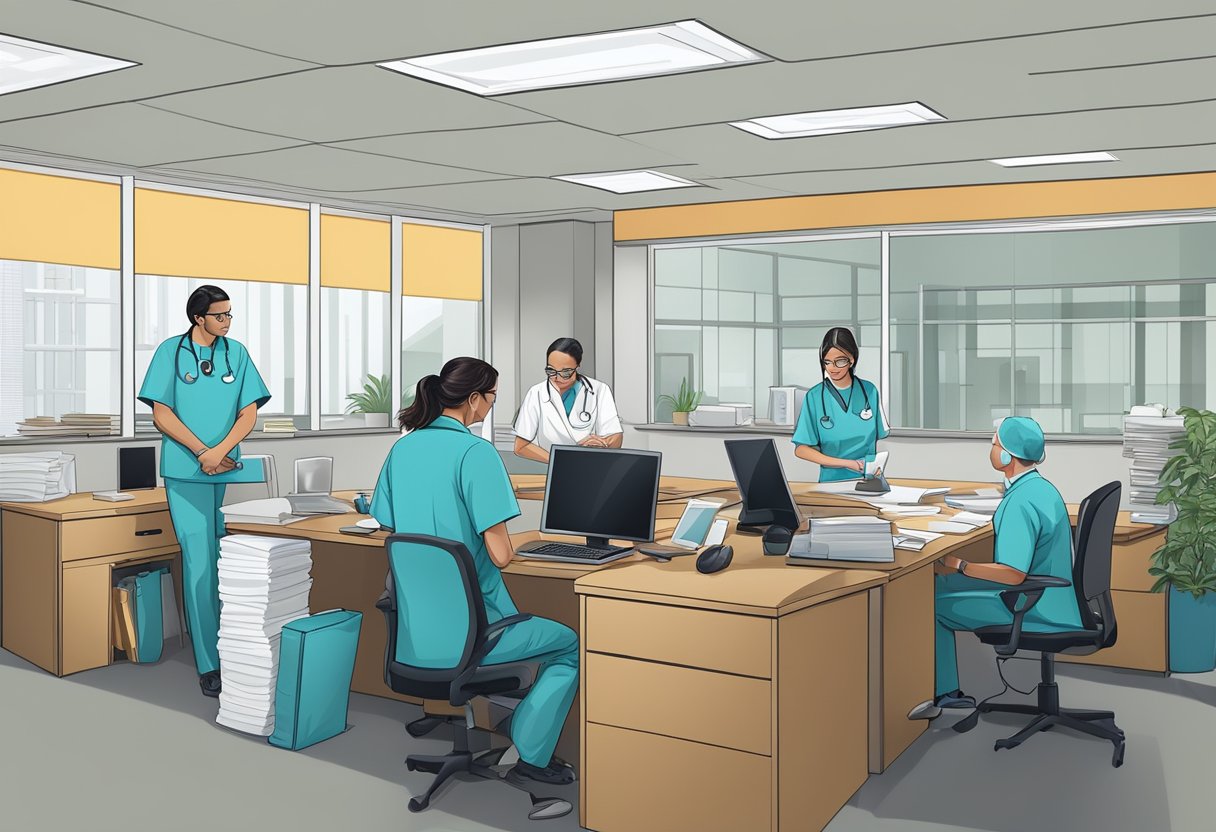 Uma equipe de uma empresa de remoção hospitalar revisando e seguindo legislações e protocolos em um ambiente de escritório.