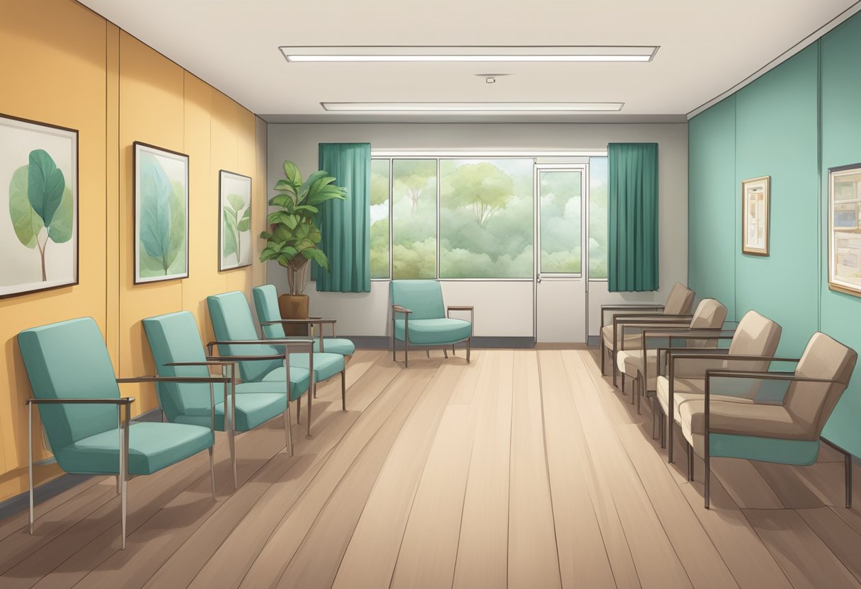 Clínicas Psiquiátricas em Curitiba: Guia Completo para Tratamentos e Especialistas 1 Uma clínica psiquiátrica pacífica e moderna em Curitiba, com uma sala de espera tranquila e uma equipe profissional assistindo os pacientes.