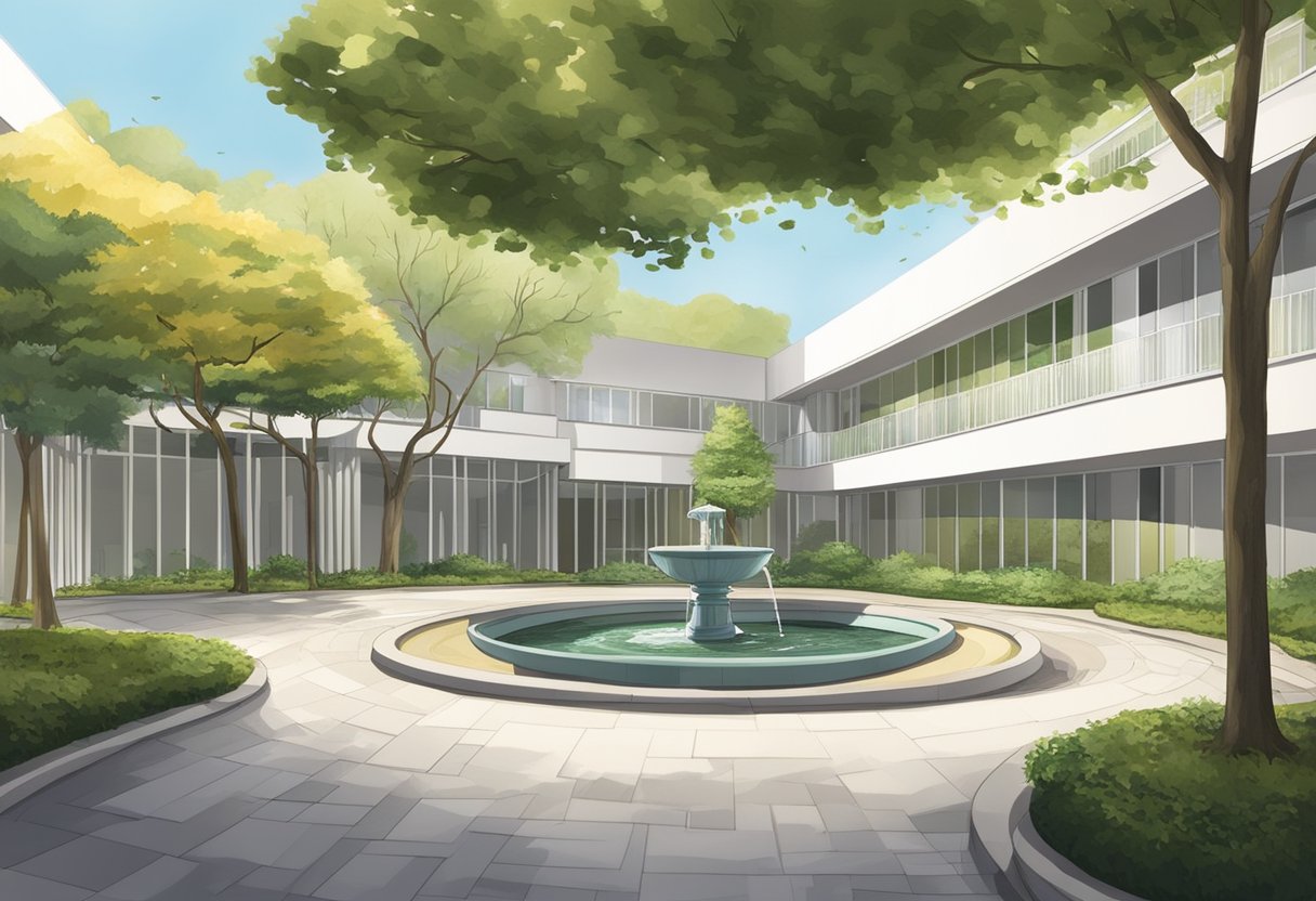 Clínicas Psiquiátricas em Curitiba: Guia Completo para Tratamentos e Especialistas 2 Um pátio tranquilo com árvores frondosas e uma pequena fonte cercada pela arquitetura moderna das clínicas psiquiátricas em Curitiba