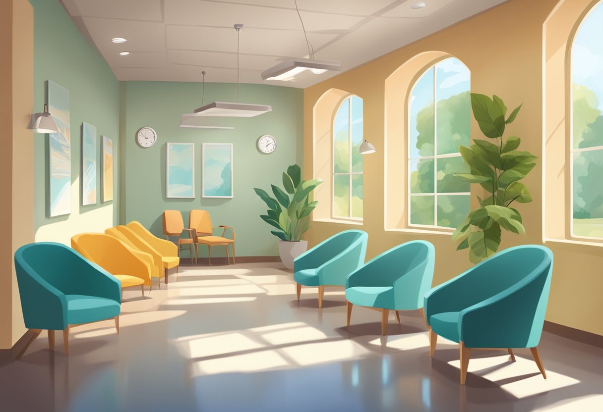 Clínicas Psiquiátricas em Curitiba: Guia Completo para Tratamentos e Especialistas 3 Uma sala de espera tranquila em uma clínica psiquiátrica, com cadeiras confortáveis, iluminação suave e obras de arte relaxantes nas paredes.