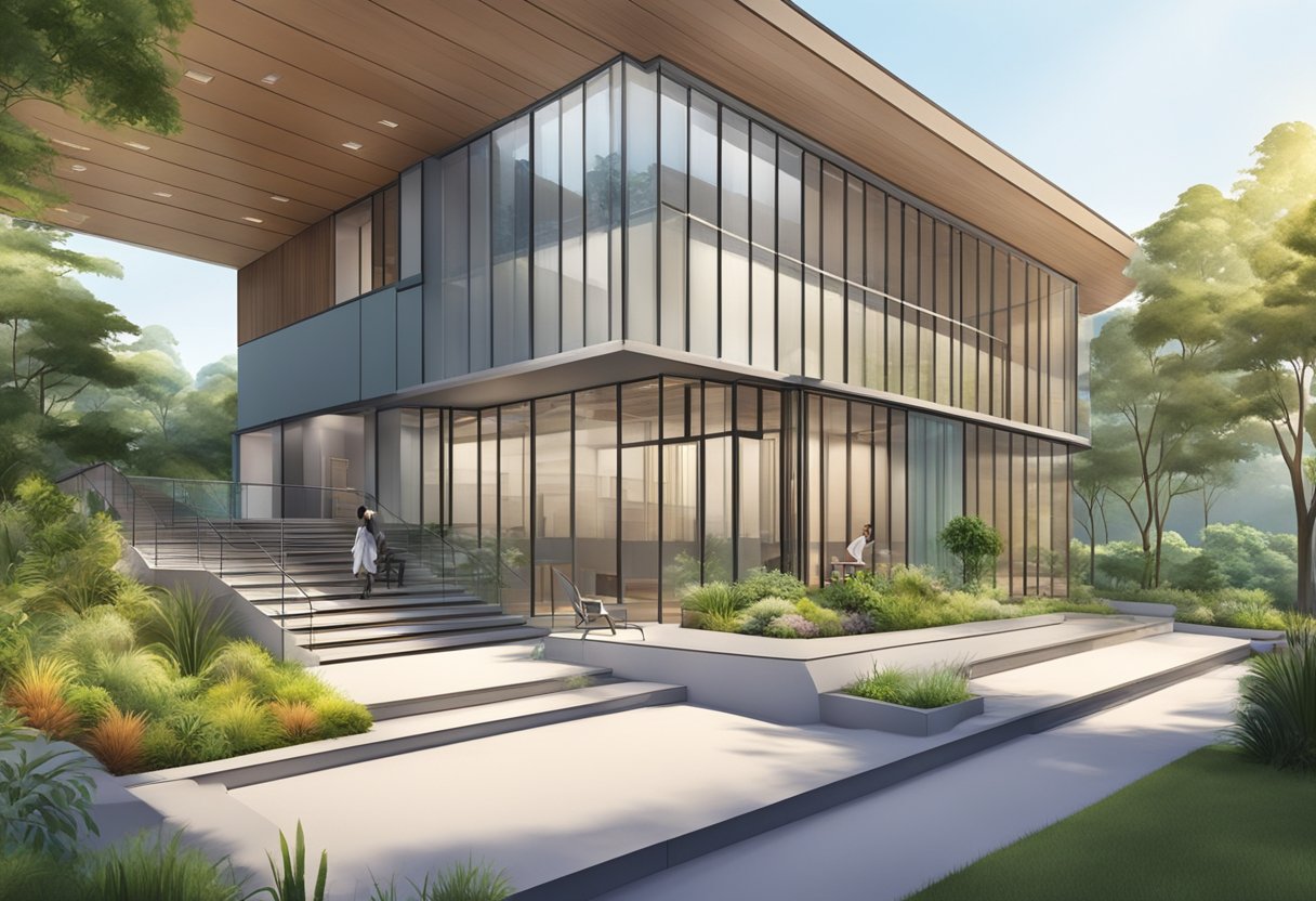 Clínicas Psiquiátricas em Curitiba: Guia Completo para Tratamentos e Especialistas 5 Uma clínica psiquiátrica moderna em Curitiba, com uma entrada acolhedora, grandes janelas e um jardim tranquilo