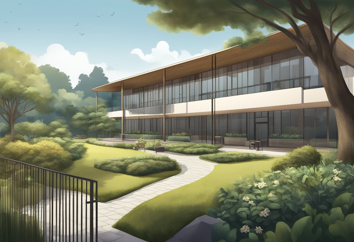 Clínicas Psiquiátricas em Curitiba: Guia Completo para Tratamentos e Especialistas 6 Uma clínica psiquiátrica em Curitiba, com arquitetura moderna e um jardim tranquilo, cercada por árvores e uma atmosfera relaxante.