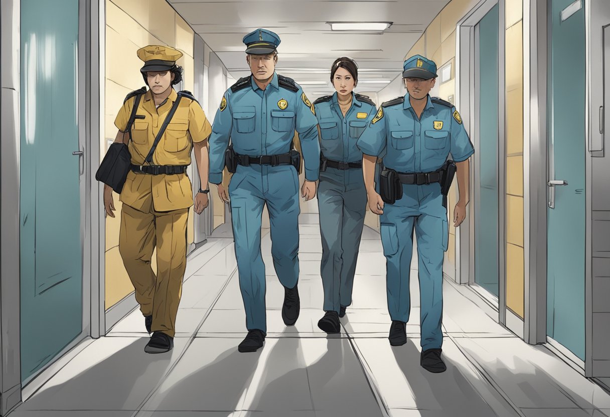 Internar Contra a Vontade: Entendendo os Aspectos Legais e Éticos 6 Uma pessoa sendo escoltada para dentro de uma instalação por duas figuras uniformizadas, com uma expressão de angústia no rosto.