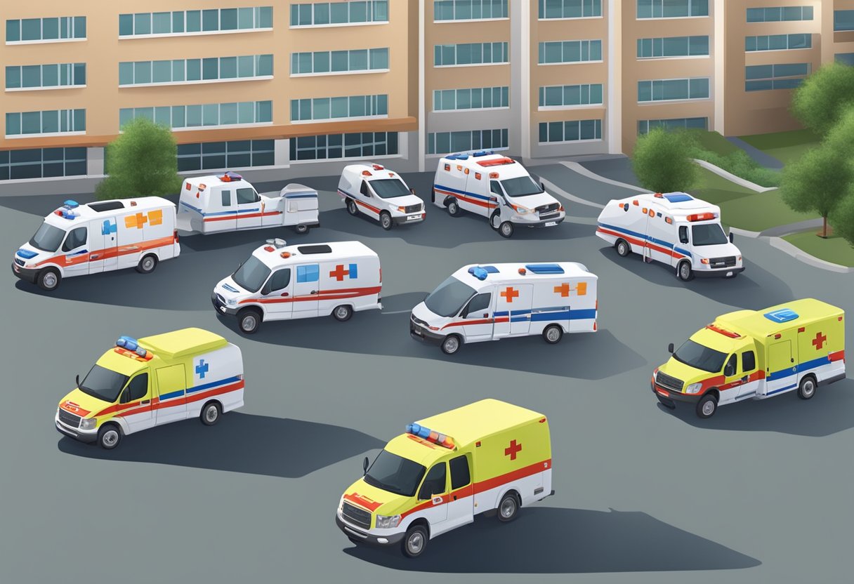 Preço de Ambulância Particular: Guia Completo de Custos e Opções 1 Uma frota de ambulâncias particulares estacionadas do lado de fora de uma unidade médica, cada uma com um design e esquema de cores diferentes, pronta para responder a chamadas de emergência.