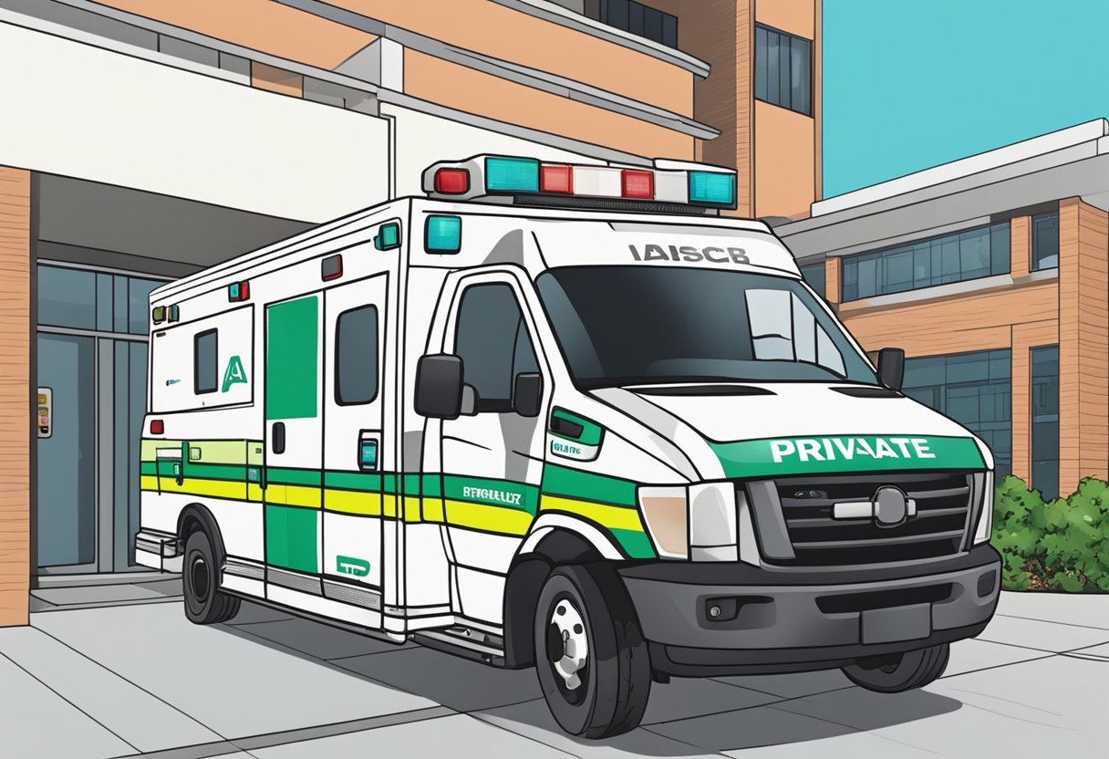 Preço de Ambulância Particular: Guia Completo de Custos e Opções 3 Uma ambulância particular estacionada do lado de fora de um hospital, com um paramédico ao lado, pronto para ajudar.