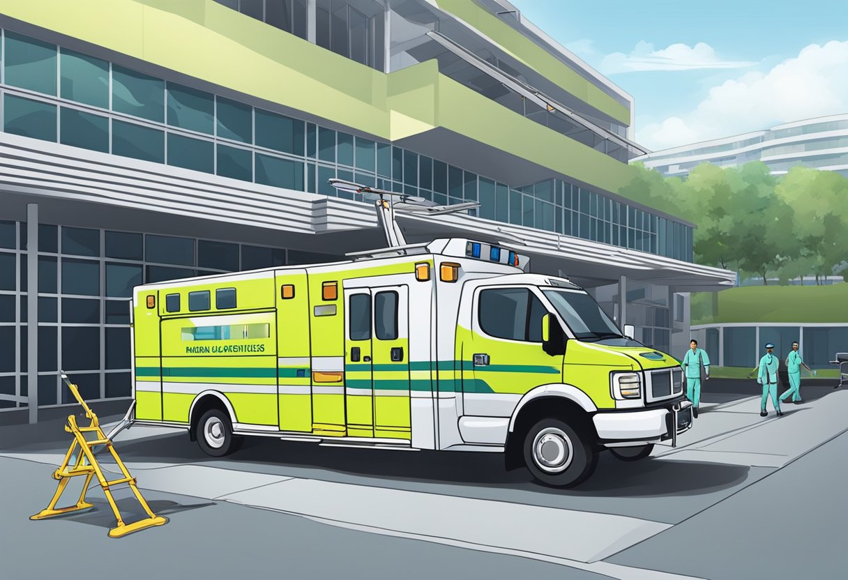 Um veículo de transporte médico estacionado do lado de fora de um hospital, com uma maca sendo carregada por dois paramédicos.