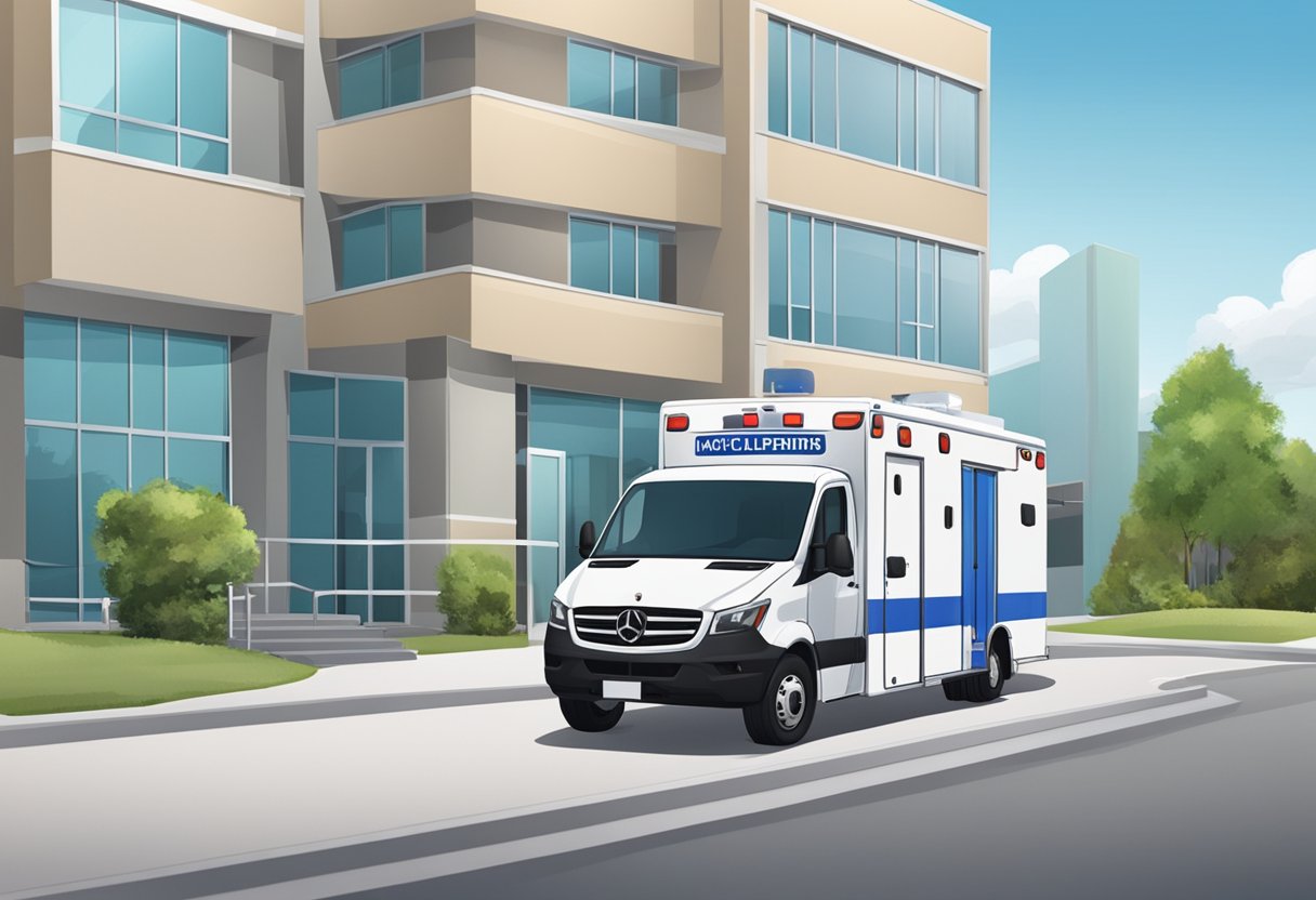 Um veículo especializado de transporte de pacientes estacionado do lado de fora de uma instalação médica