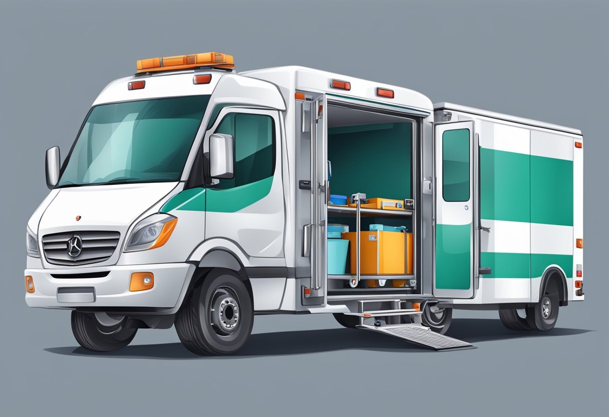 Um veículo de transporte médico com equipamentos e suprimentos assegurados para o transporte seguro de pacientes