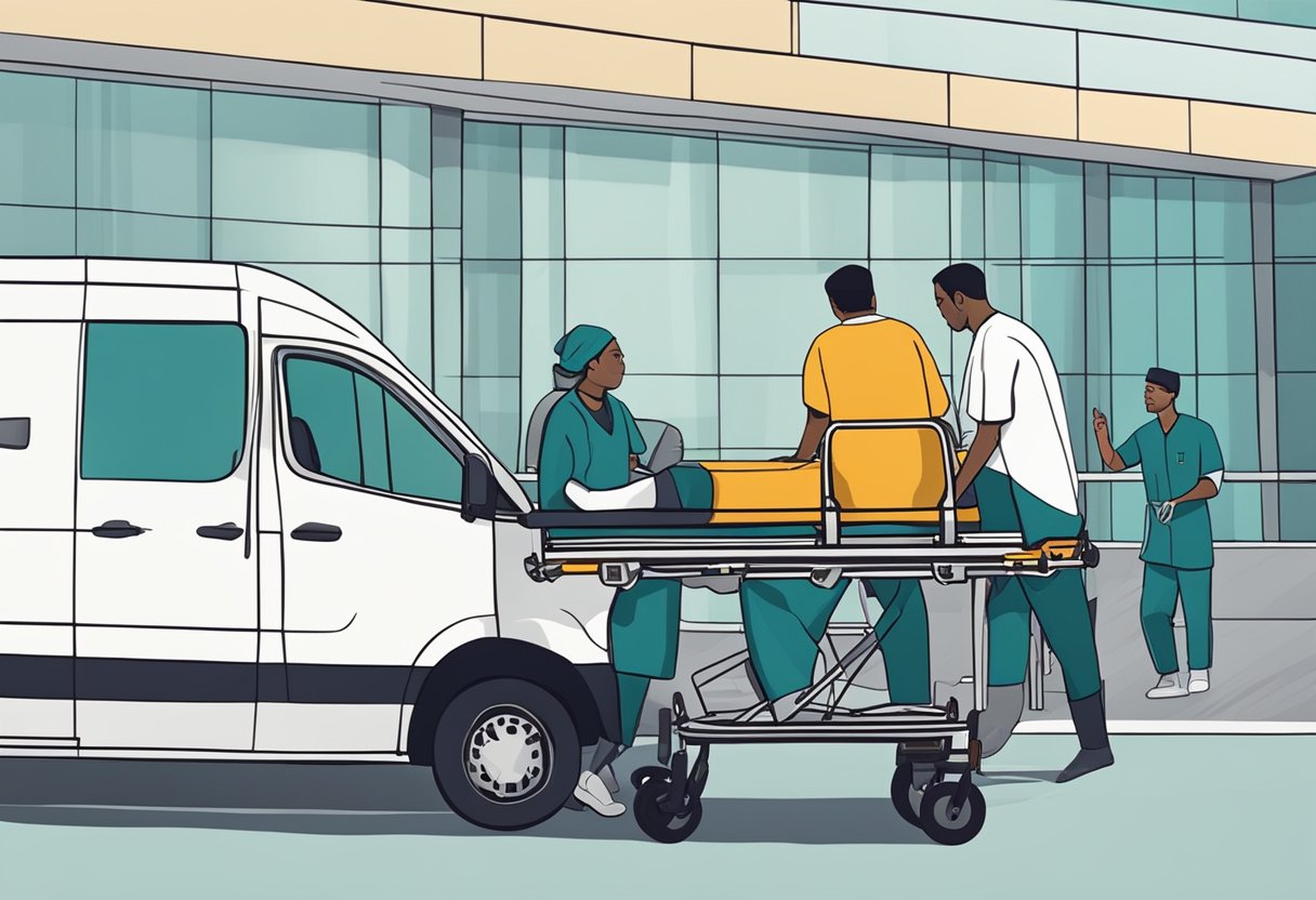 Um veículo de transporte médico estacionado do lado de fora de um hospital, com uma maca sendo carregada por dois atendentes.
