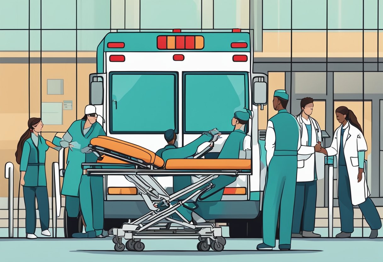 Um veículo de transporte médico estacionado do lado de fora de um hospital, com uma equipe de profissionais carregando um paciente em uma maca.