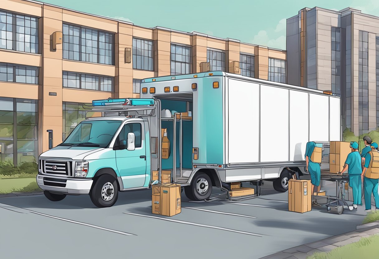 Um veículo de transporte médico estacionado do lado de fora de um local de evento especial, com equipamentos e suprimentos médicos sendo descarregados pela equipe.