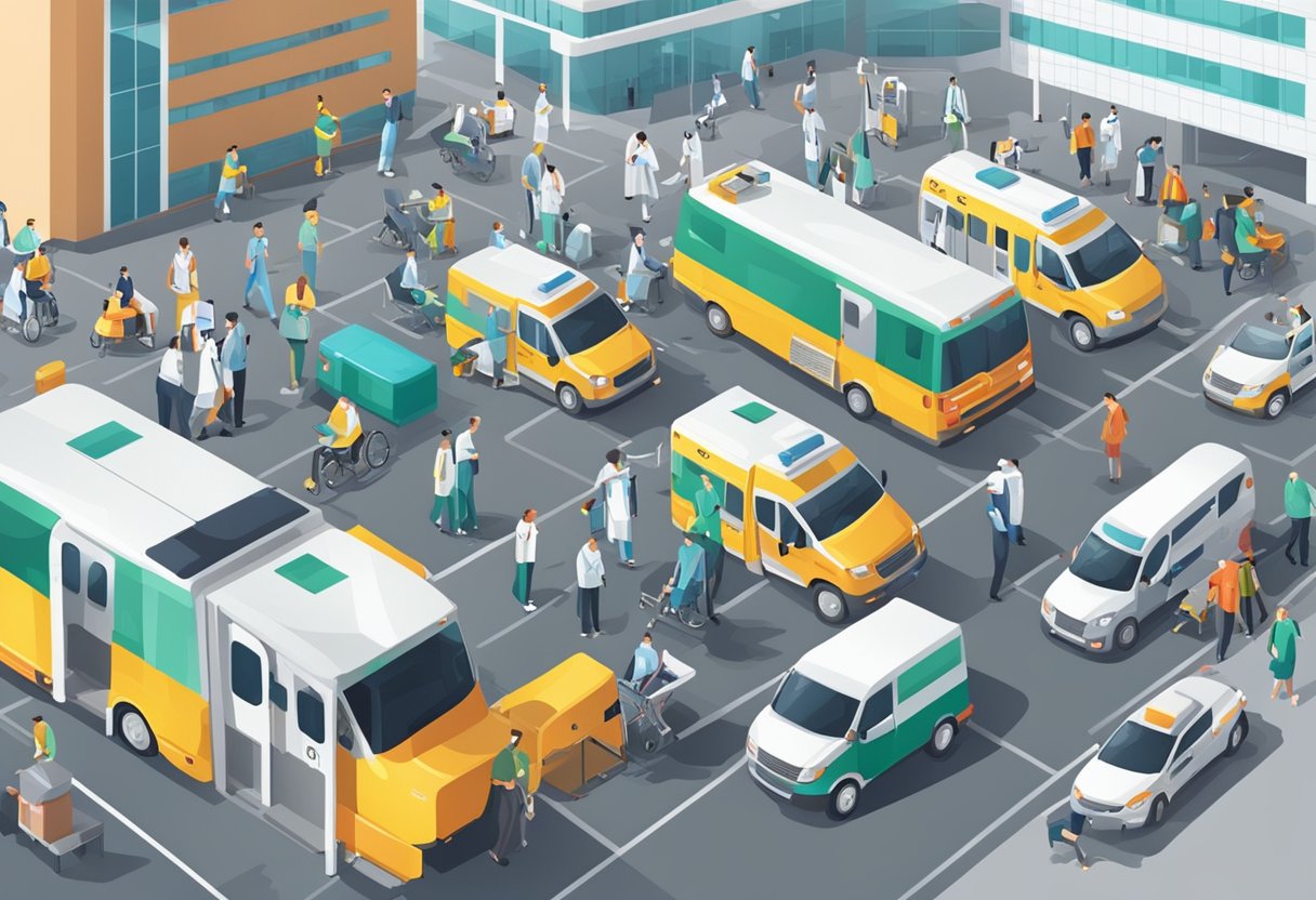 Um movimentado centro de transporte hospitalar com ambulâncias, equipe médica e pacientes em cadeiras de rodas