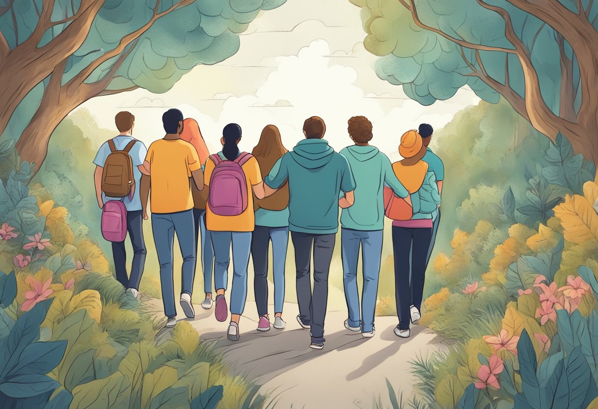 Um grupo de pessoas apoiando e orientando uma pessoa lutando contra o vício em direção a um caminho de recuperação