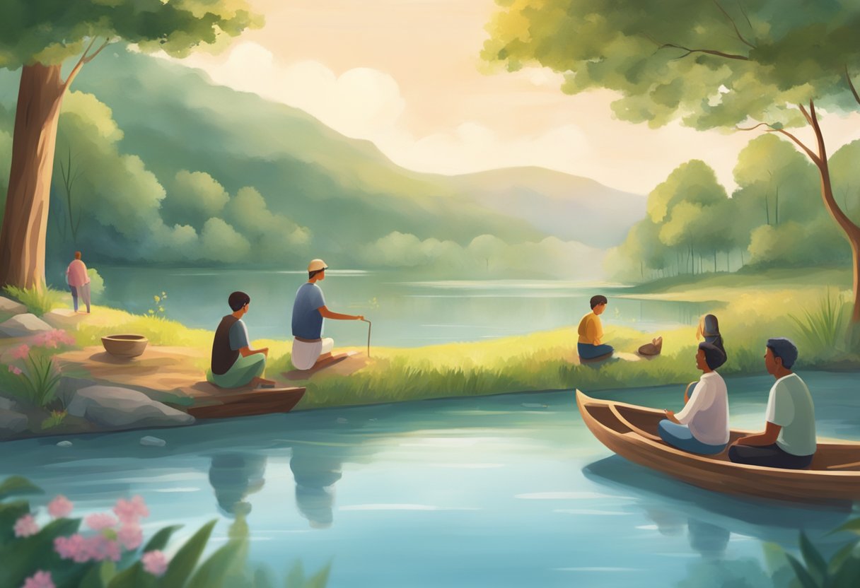 Um ambiente sereno e tranquilo com um grupo de pessoas participando de atividades terapêuticas, cercado pela natureza e por um sentimento de esperança e cura.