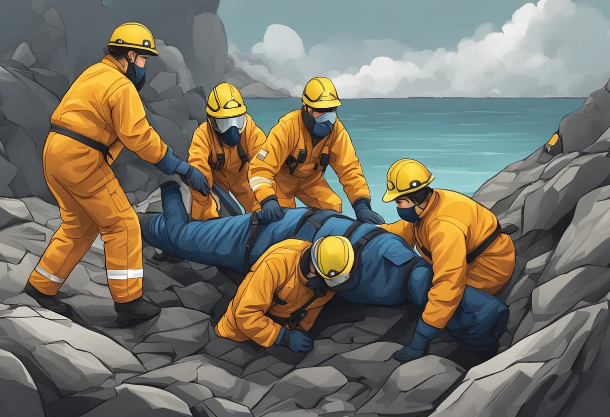 Uma equipe de socorristas removendo uma pessoa de um ambiente perigoso