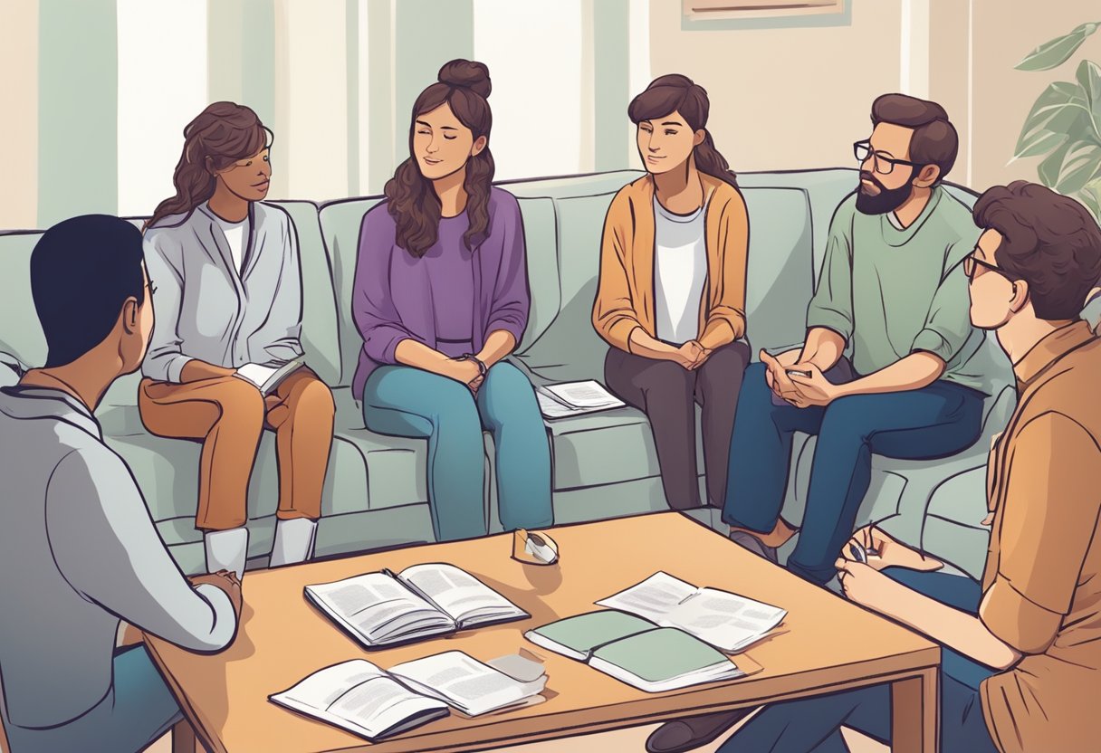 Um grupo de pessoas discutindo direitos legais e apoio para indivíduos dependentes de drogas em um ambiente de aconselhamento.