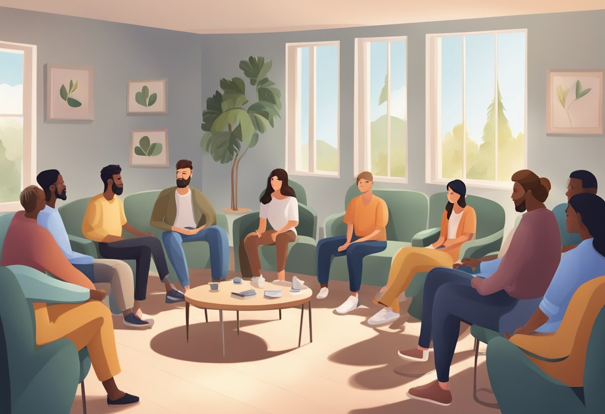 Um círculo de terapia em grupo de dependentes em recuperação apoiando uns aos outros em um ambiente sereno e acolhedor