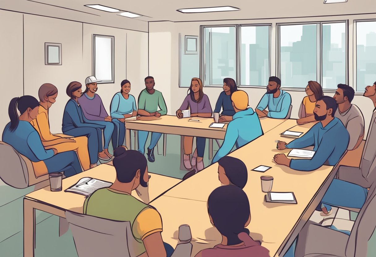 Uma reunião de grupo de apoio para famílias de dependentes químicos, com foco em resgatar e reabilitar os dependentes.