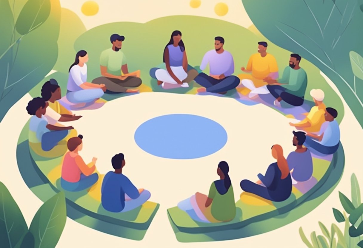 Um grupo de pessoas em um círculo, participando de atividades de terapia e apoio, cercado pela natureza e pela luz do sol
