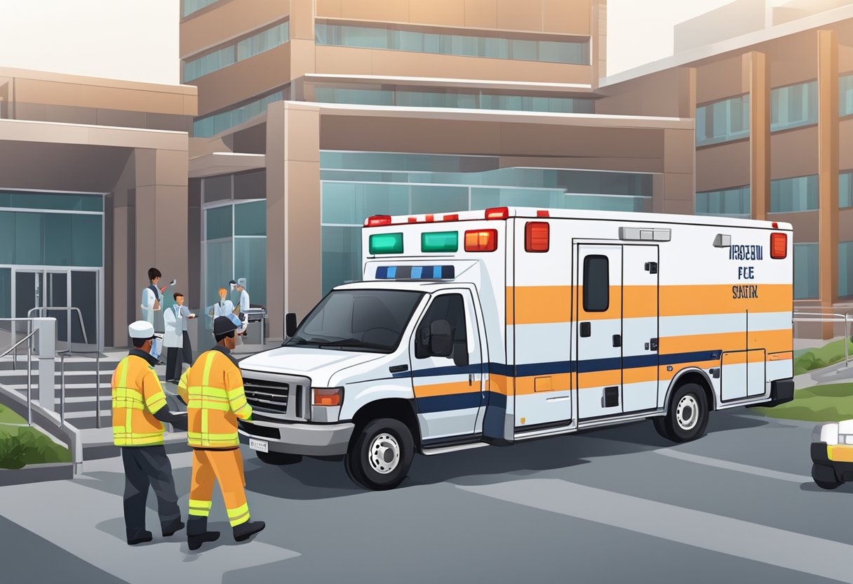 Uma ambulância particular estacionada do lado de fora de um hospital, com paramédicos carregando uma maca no veículo.