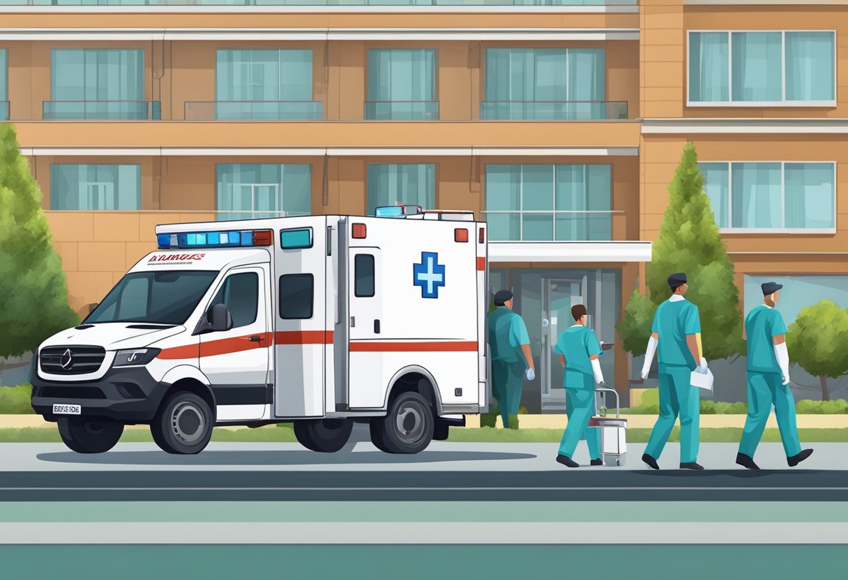 Uma ambulância particular estacionada do lado de fora de um hospital, com uma maca sendo carregada na parte de trás por profissionais de saúde.