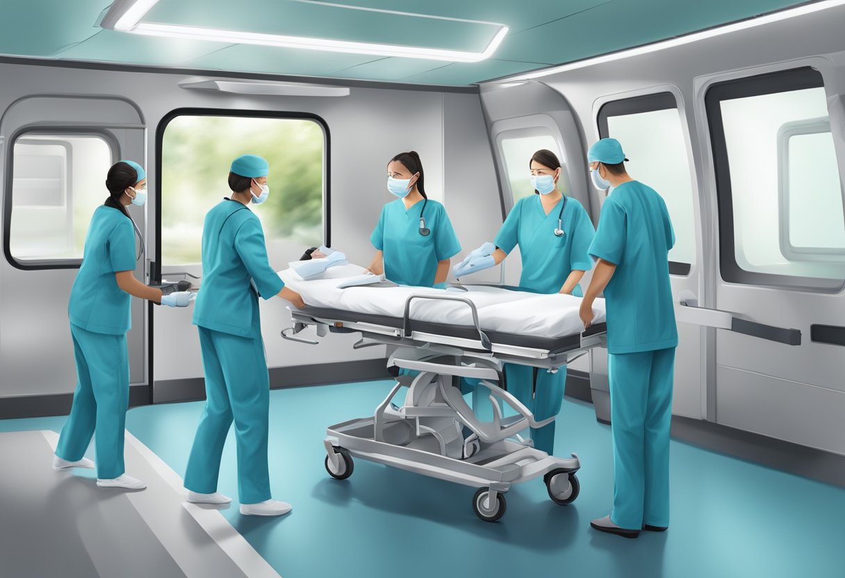 Uma equipe de profissionais de saúde passa por treinamento e compartilha conhecimento em um ambiente privado de transporte de pacientes.