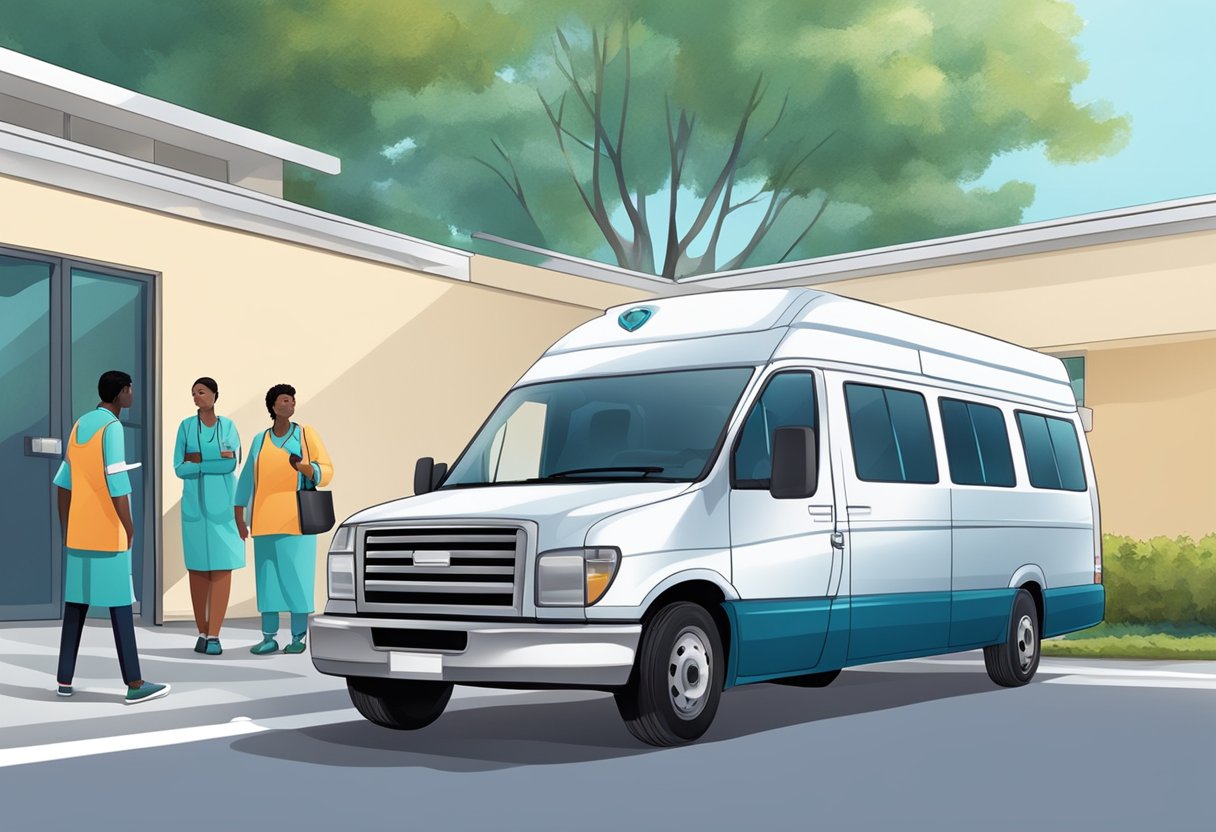 Um veículo de transporte privado espera do lado de fora de uma instalação de saúde, enquanto um membro da equipe se comunica com o setor de saúde.