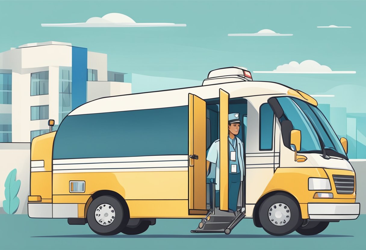 Um paciente sendo acompanhado por um profissional de saúde em um veículo de transporte privado.