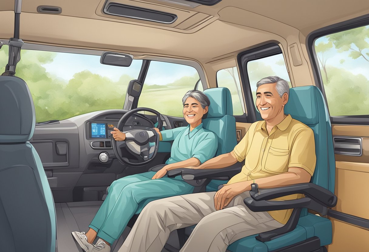 Um paciente sorridente está confortavelmente sentado em um veículo de transporte privado bem conservado, enquanto um motorista profissional os assiste com cuidado e atenção.