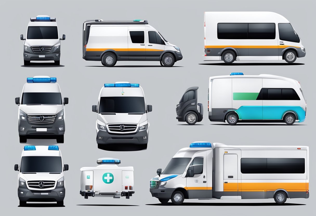 Um veículo de transporte médico moderno equipado com tecnologia avançada e inovação, incluindo sistemas de rastreamento por GPS e monitoramento médico.