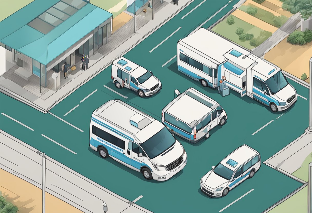 Um veículo de transporte de pacientes privado navegando por várias localidades geográficas e atendendo diferentes localidades.