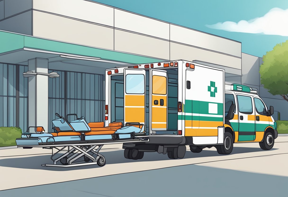 Um veículo de transporte médico estacionado do lado de fora de um hospital, com uma maca sendo carregada por dois paramédicos.
