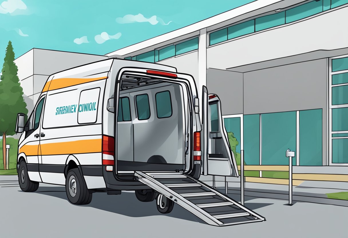 Uma van de transporte médico espera do lado de fora de um hospital, com uma rampa para cadeira de rodas implantada e uma maca visível através das portas traseiras abertas.