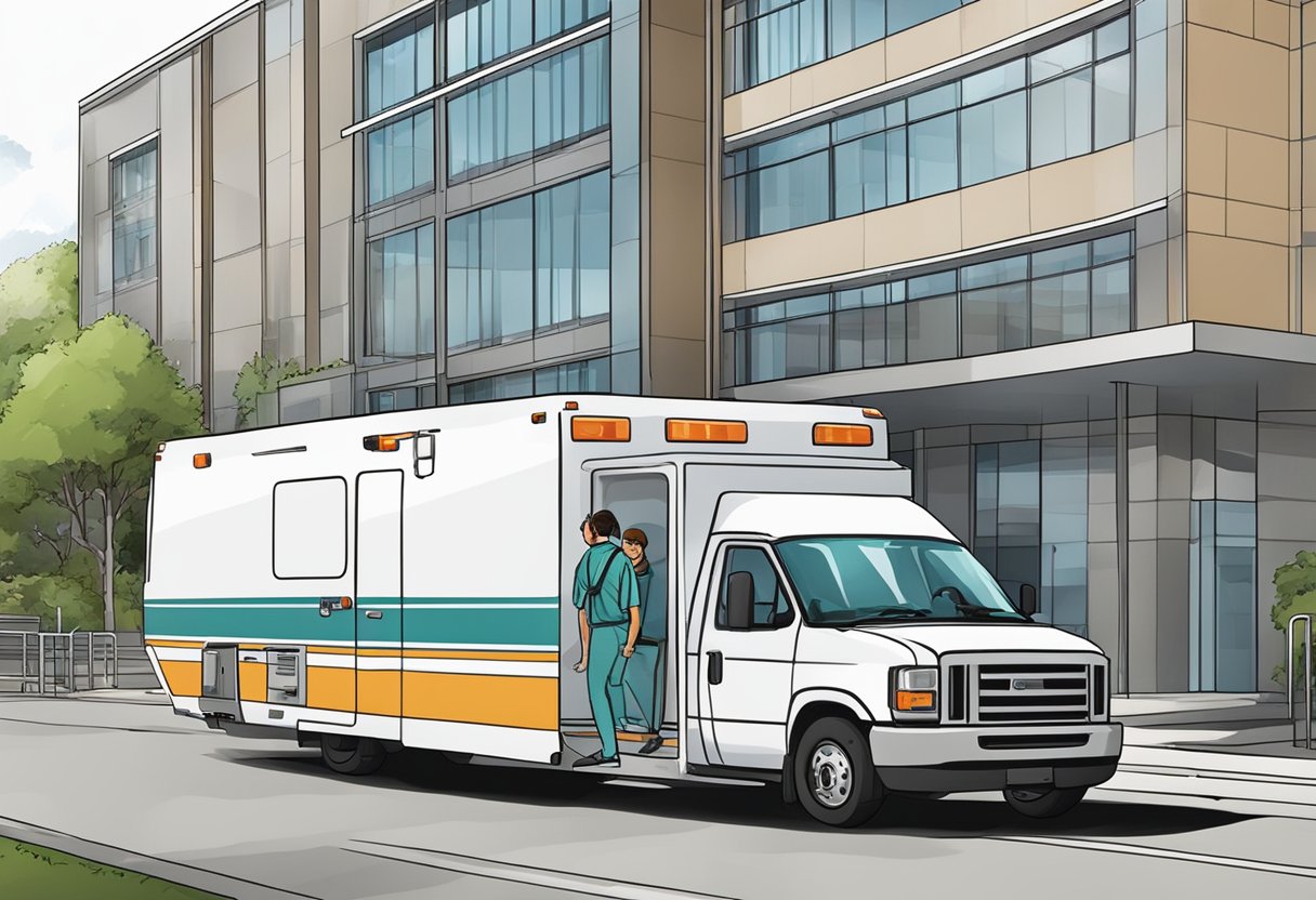 Um veículo de transporte médico estacionado do lado de fora de um hospital, com um motorista ajudando um paciente a entrar no veículo.