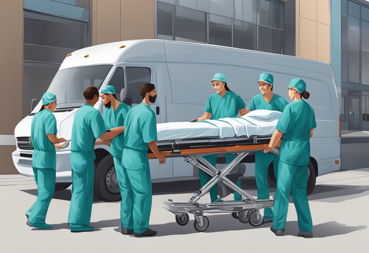Uma equipe de profissionais de saúde carregando um paciente em um veículo de transporte especializado