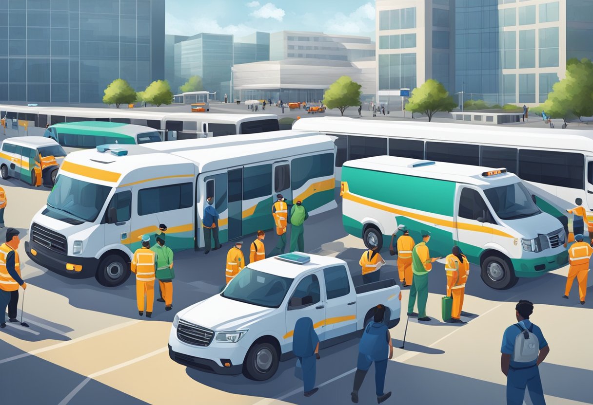 Uma equipe de trabalhadores de transporte médico coordena transferências de pacientes e supervisiona a logística em um movimentado centro de transporte.