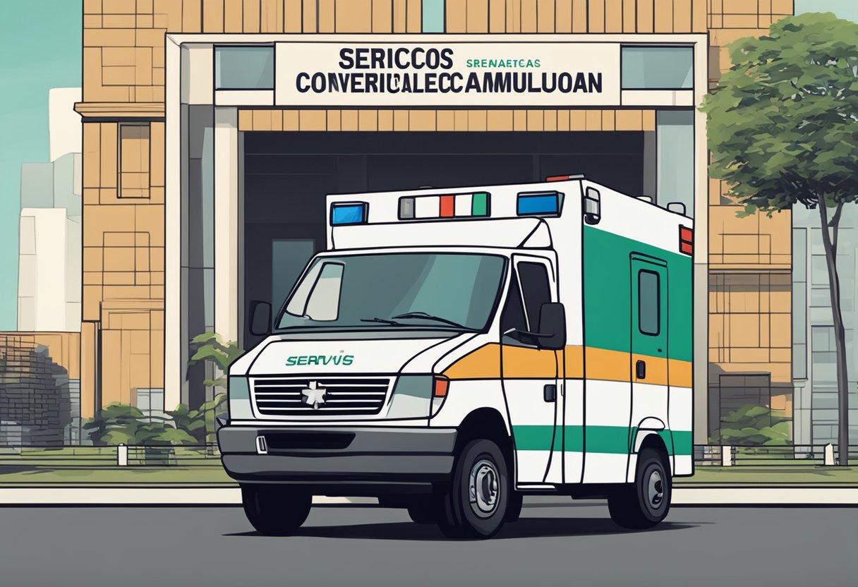 Uma ambulância estacionada do lado de fora de um prédio com uma placa escrita "Serviços Oferecidos contratar ambulância" em letras garrafais.